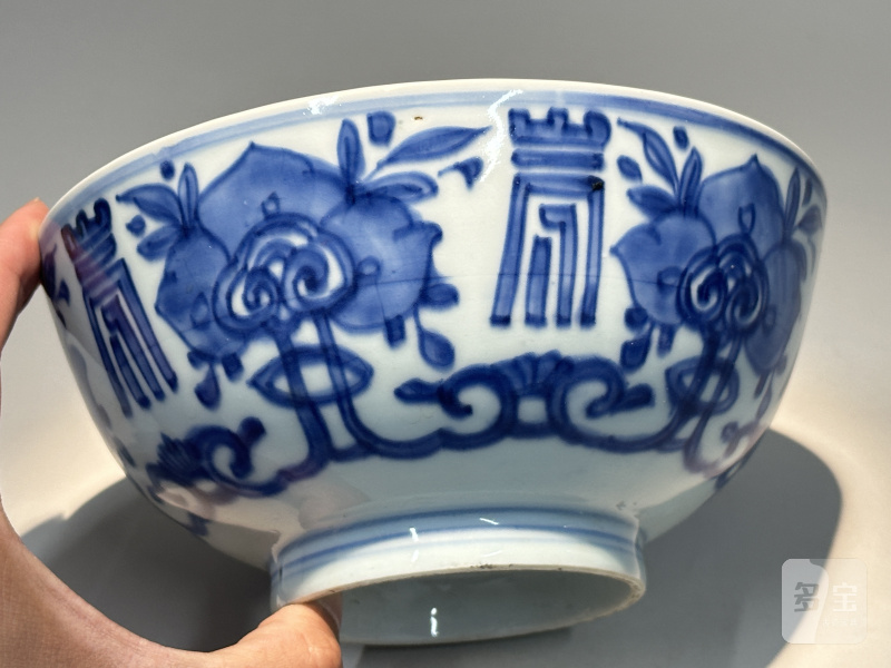 清康熙 青花百寿三多纹碗 - 图3